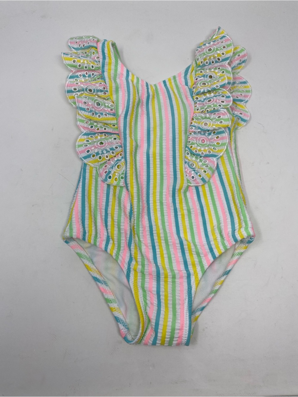 Little Me Girls One-Piece Swimsuit - Pastel Stripe Seersucker Eyelet Ruffles